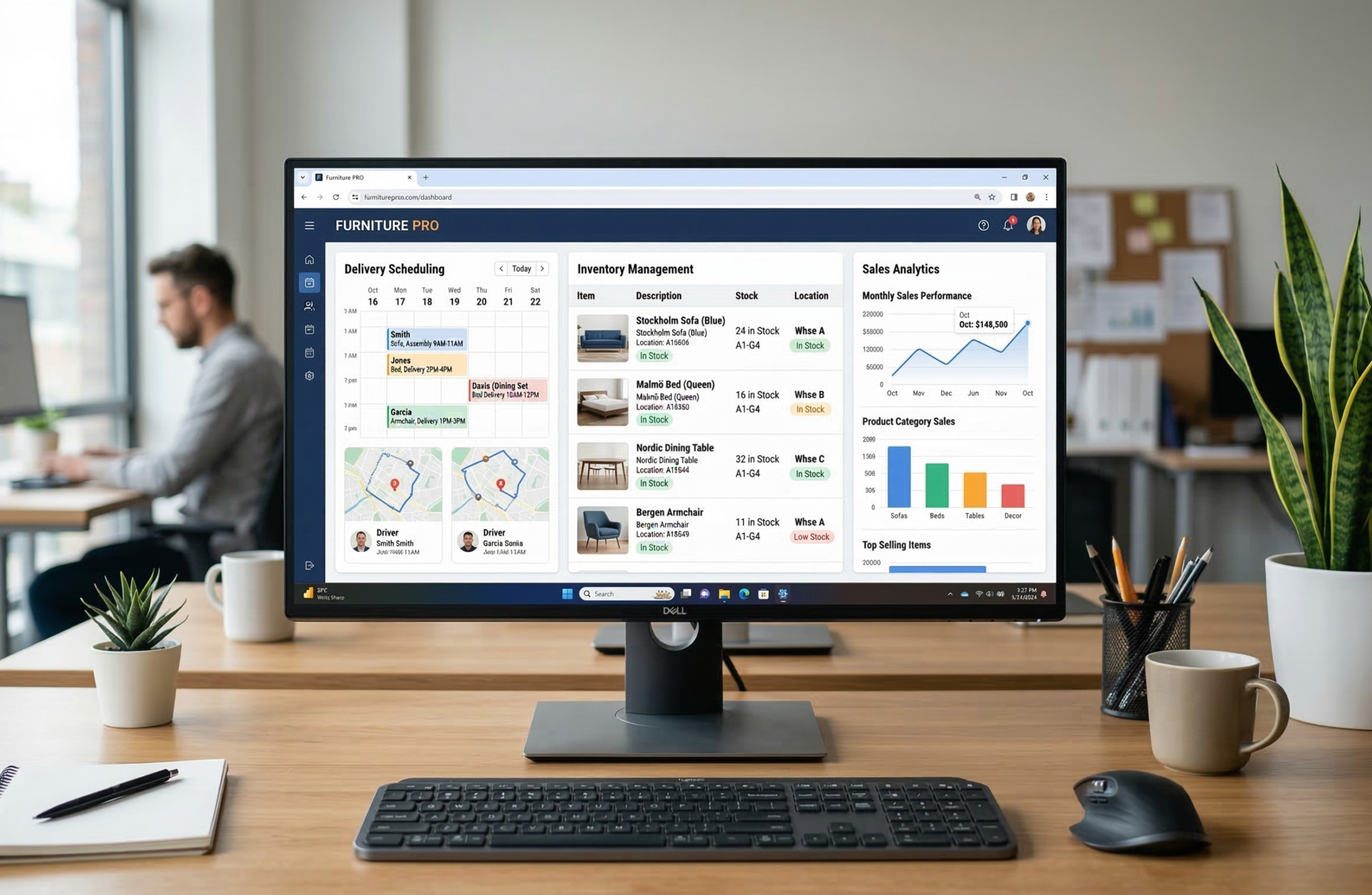 Furniture store POS inventory, delivery scheduling, and sales reporting dashboard