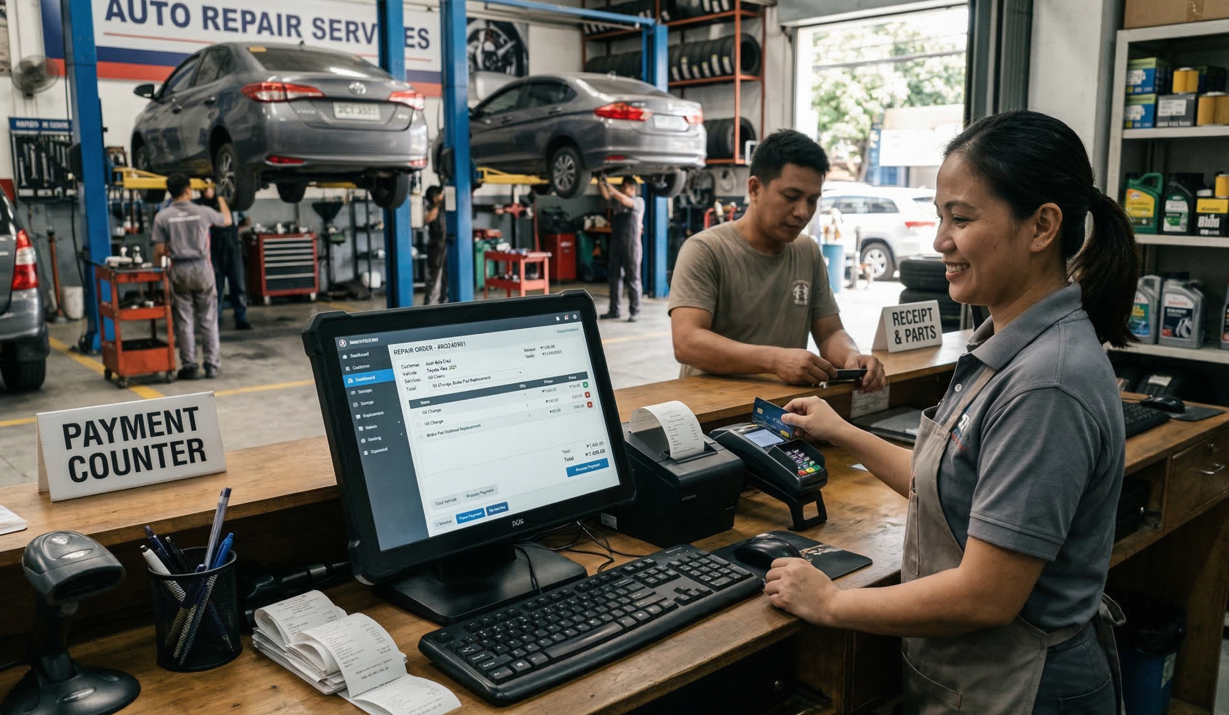 Auto Repair Shop POS System Checkout Counter With Receipt Printer And Repair Order Screen | Condor PH