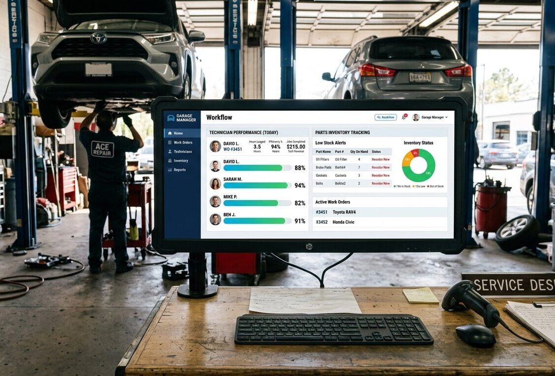 Auto Repair POS Dashboard Showing Technician Performance And Parts Inventory Tracking | Condor PH