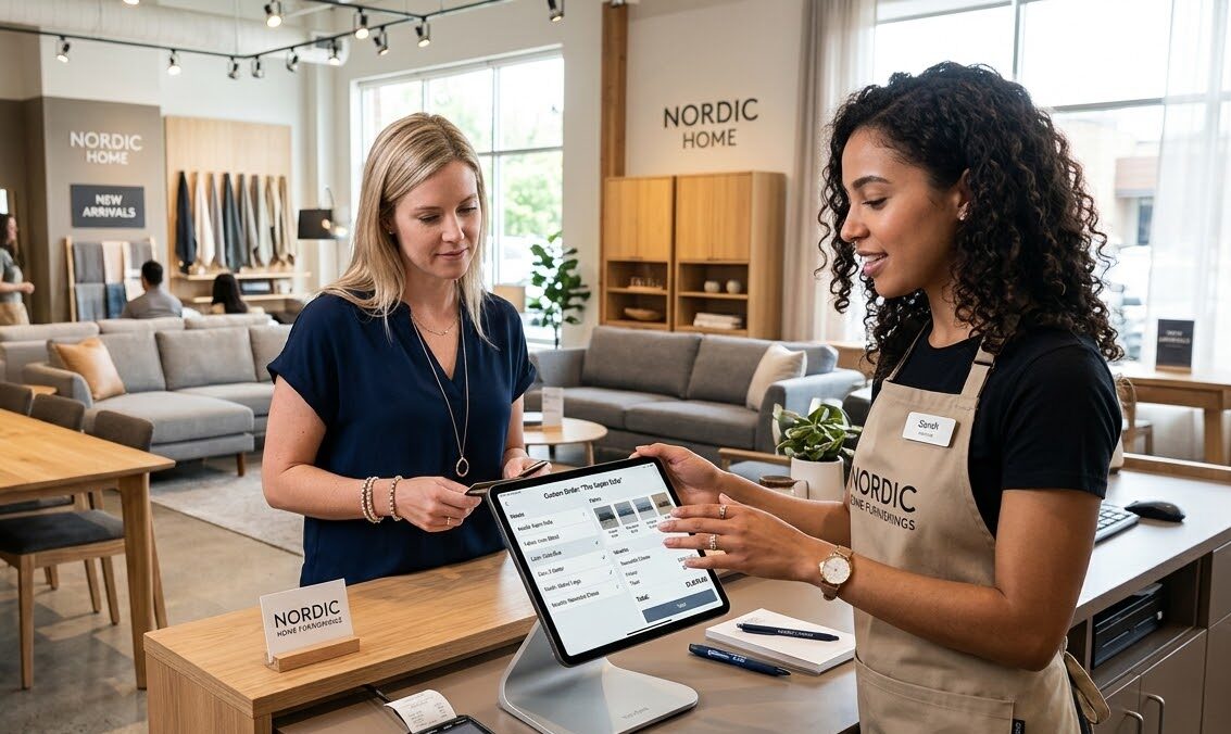  Furniture store POS system checkout with tablet and custom order workflow